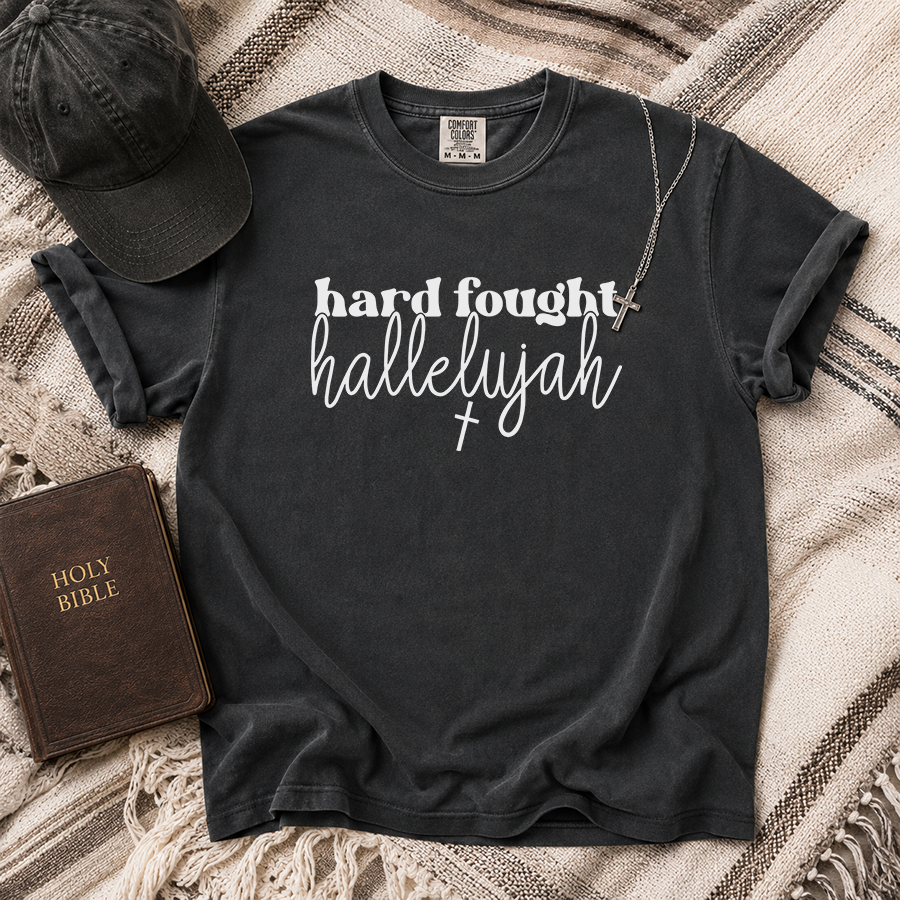 Hard Fought Hallelujah Christian T-Shirt in Pepper – Christian Faith Shirt Flat Lay