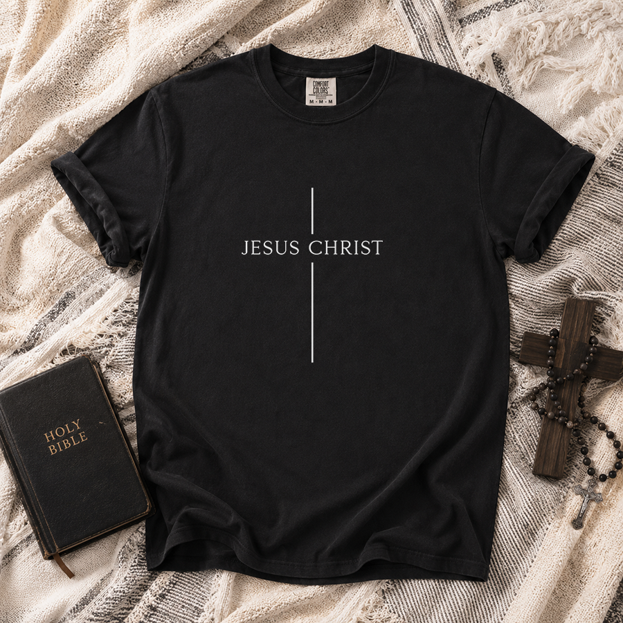 Jesus Christ Cross Christian T-Shirt in Black – Christian Faith Shirt Flat Lay