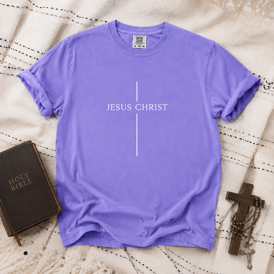 Jesus Christ Cross Christian T-Shirt in Violet – Christian Faith Shirt Flat Lay