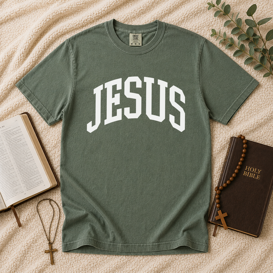 Jesus Christian T-Shirt in Moss – Christian Faith Shirt Flat Lay