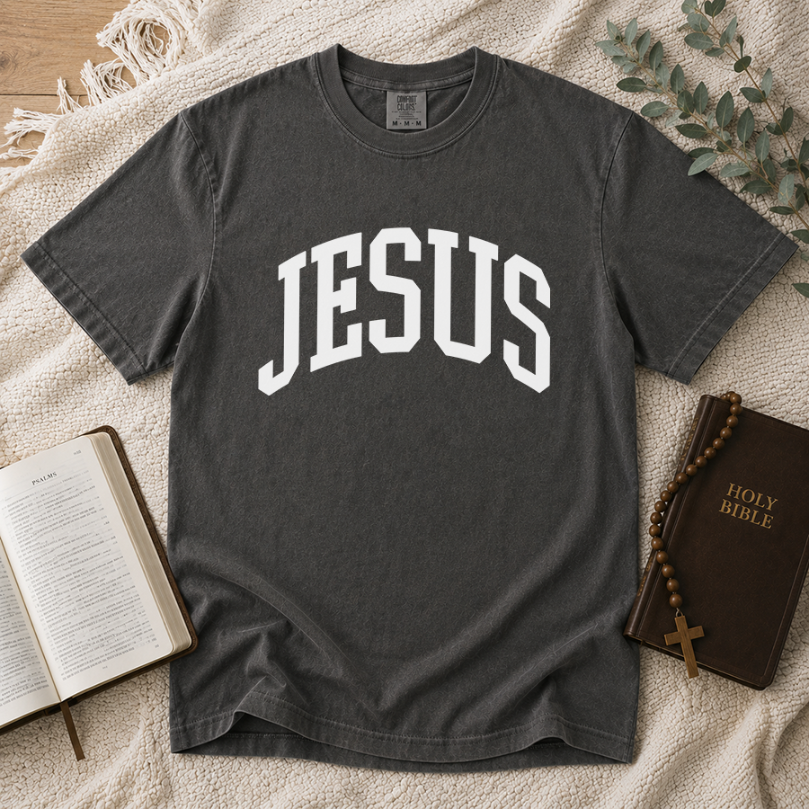 Jesus Christian T-Shirt in Pepper – Christian Faith Shirt Flat Lay