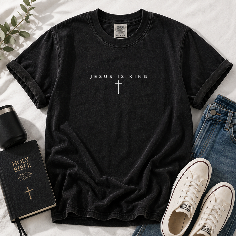 Jesus Is King Christian T-Shirt in Black – Christian Faith Shirt Flat Lay