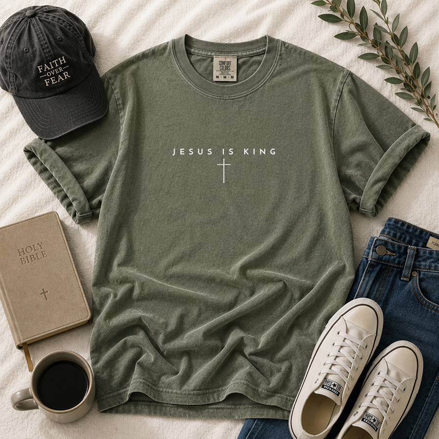 Jesus Is King Christian T-Shirt in Moss – Christian Faith Shirt Flat Lay