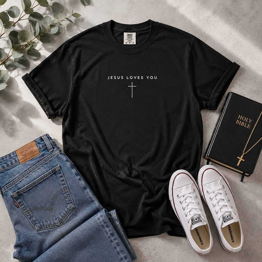 Jesus Loves You Christian T-Shirt in Black with Cross – Christian Faith Shirt Flat Lay