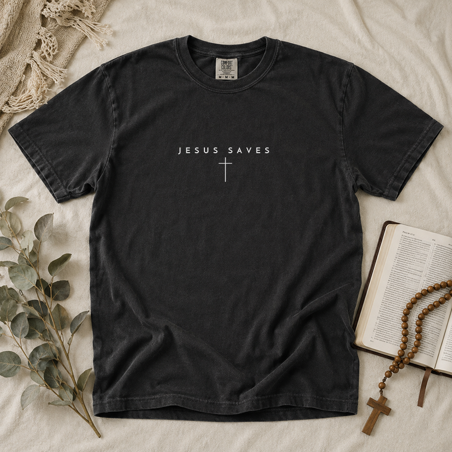 Jesus Saves Cross Christian T-Shirt in Black – Christian Faith Shirt Flat Lay