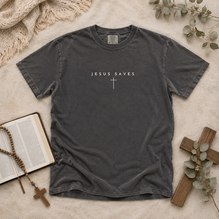 Jesus Saves Cross Christian T-Shirt in Pepper – Christian Faith Shirt Flat Lay