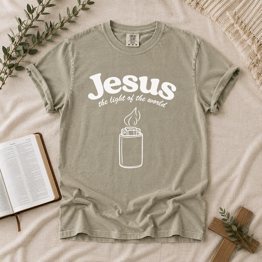 Jesus The Light Of The World Christian T-Shirt in Sandstone – Christian Faith Shirt Flat Lay