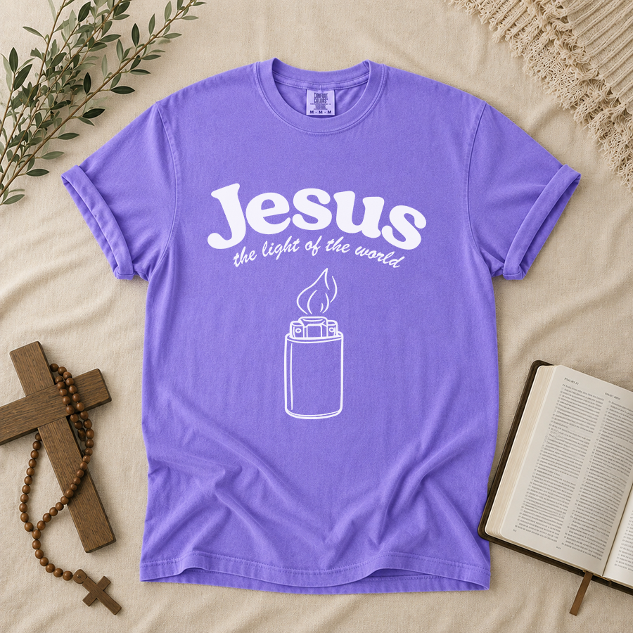 Jesus The Light Of The World Christian T-Shirt in Violet – Christian Faith Shirt Flat Lay