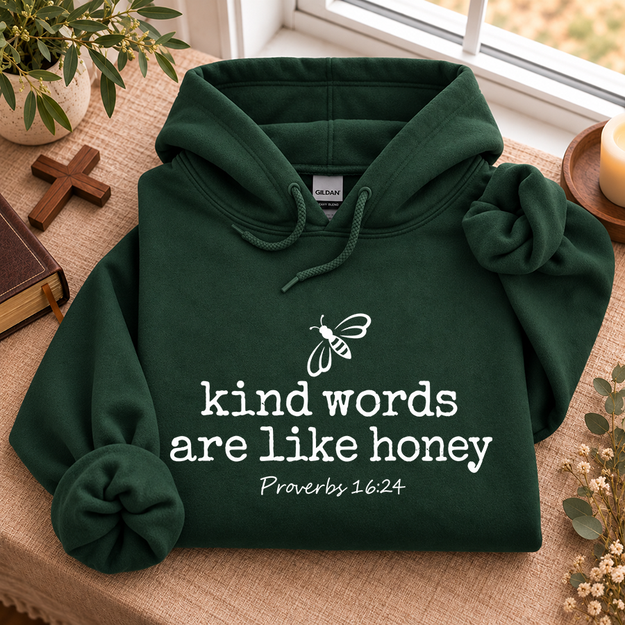 Kind Words Are Like Honey Christian hoodie in forest - flat lay