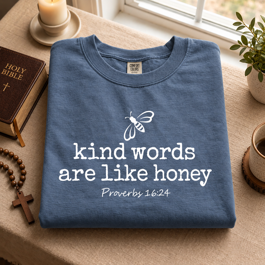 Kind Words Are Like Honey Christian t-shirt in blue jean - flat lay