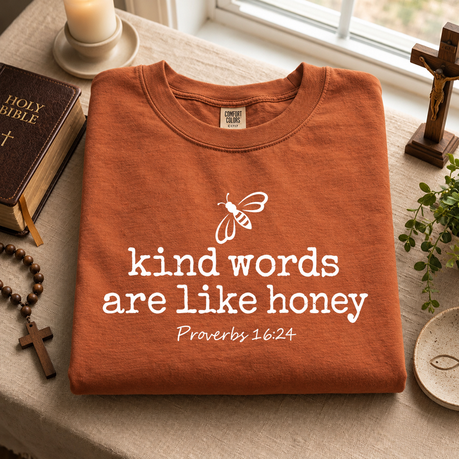 Kind Words Are Like Honey Christian t-shirt in yam - flat lay