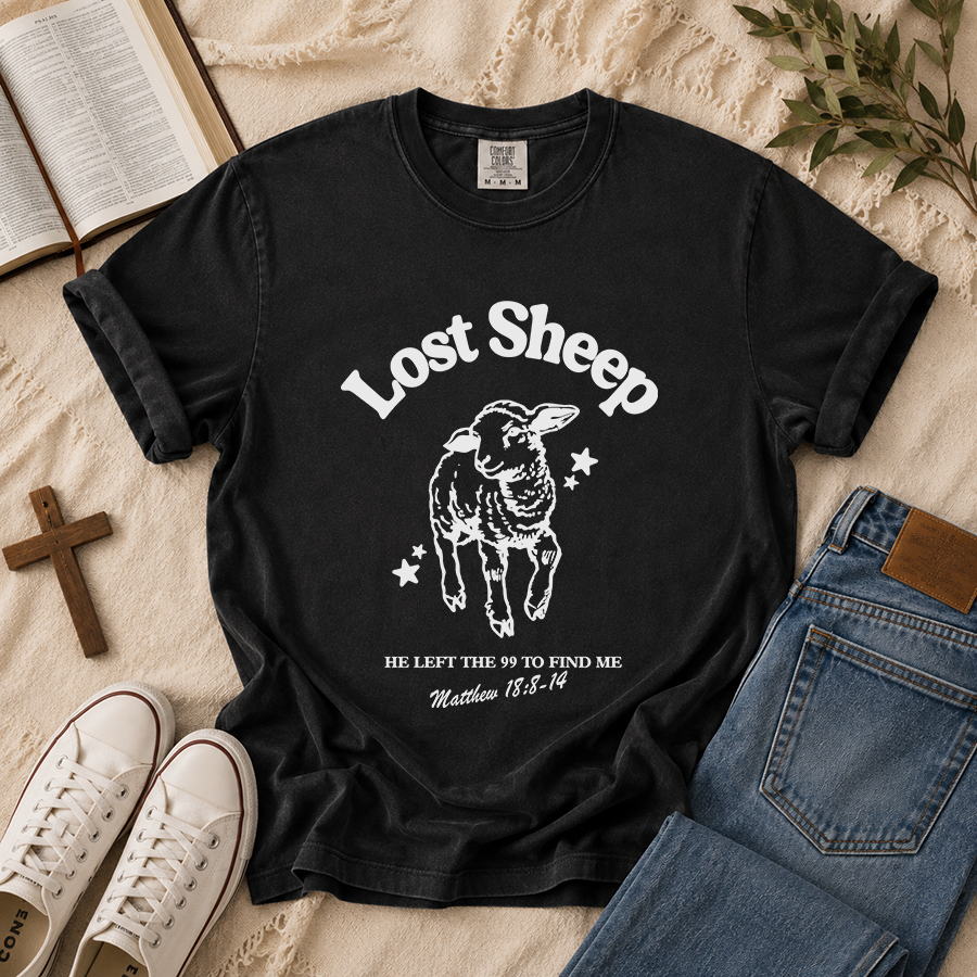 Lost Sheep He Left the 99 to Find Me Matthew 18:8-14 Christian T-Shirt in Black – Bible Verse Shirt Flat Lay