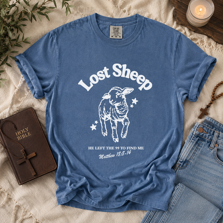 Lost Sheep He Left the 99 to Find Me Matthew 18:8-14 Christian T-Shirt in Blue Jean – Bible Verse Shirt Flat Lay