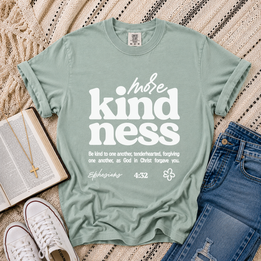 More Kindness Ephesians 4:32 Christian T-Shirt in Bay – Bible Verse Shirt Flat Lay