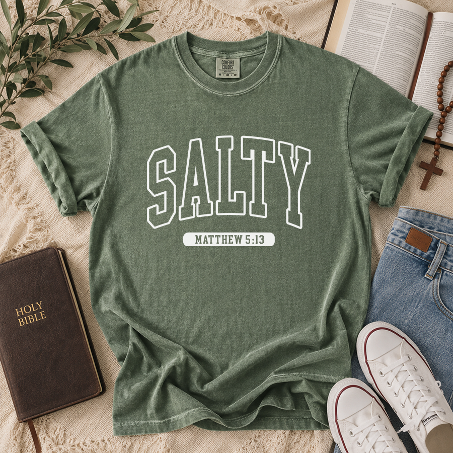 Salty Matthew 5:13 Christian T-Shirt in Moss – Bible Verse Shirt Flat Lay