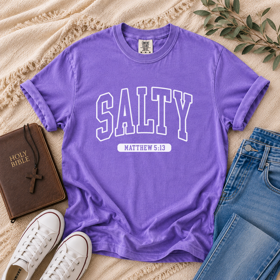 Salty Matthew 5:13 Christian T-Shirt in Violet – Bible Verse Shirt Flat Lay