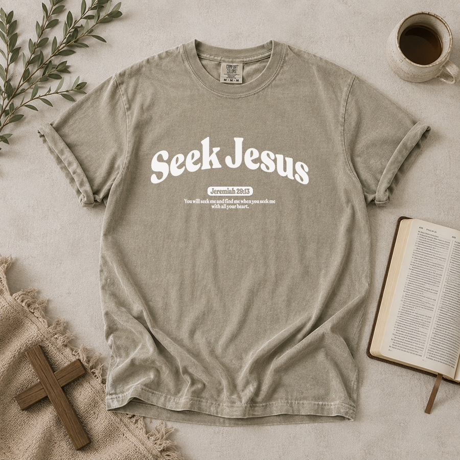 Seek Jesus Jeremiah 29:13 Christian T-Shirt in Sandstone – Bible Verse Shirt Flat Lay