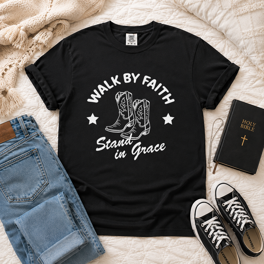 Walk by Faith Stand in Grace Christian T-Shirt in Black – Christian Faith Shirt Flat Lay