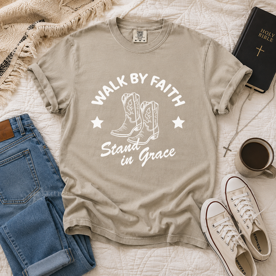 Walk by Faith Stand in Grace Christian T-Shirt in Sandstone – Christian Faith Shirt Flat Lay