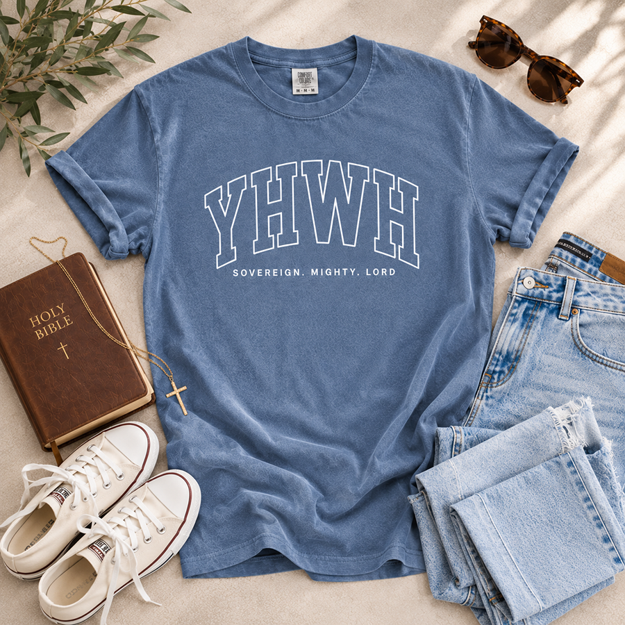 YHWH Sovereign Mighty Lord Christian T-Shirt in Blue Jean – Christian Shirt Flat Lay