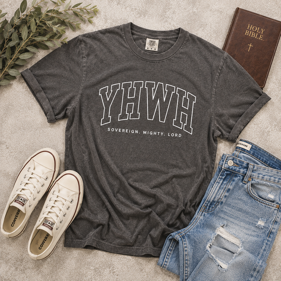 YHWH Sovereign Mighty Lord Christian T-Shirt in Pepper – Christian Shirt Flat Lay