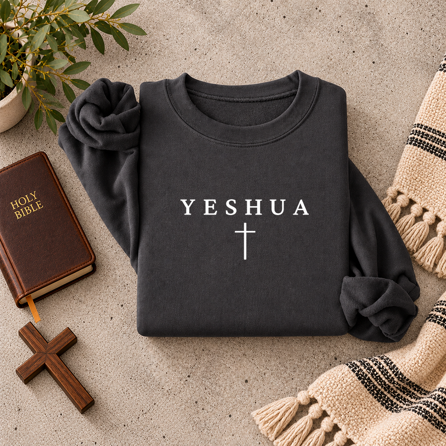 Yeshua Christian Sweatshirt in charcoal - flat lay