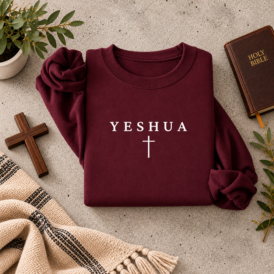 Yeshua Christian Sweatshirt in maroon - flat lay