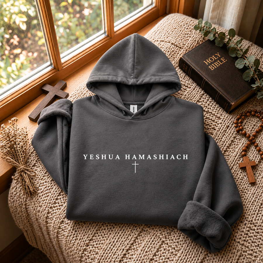 Yeshua Hamashiach Christian Hoodie in charcoal - flat lay