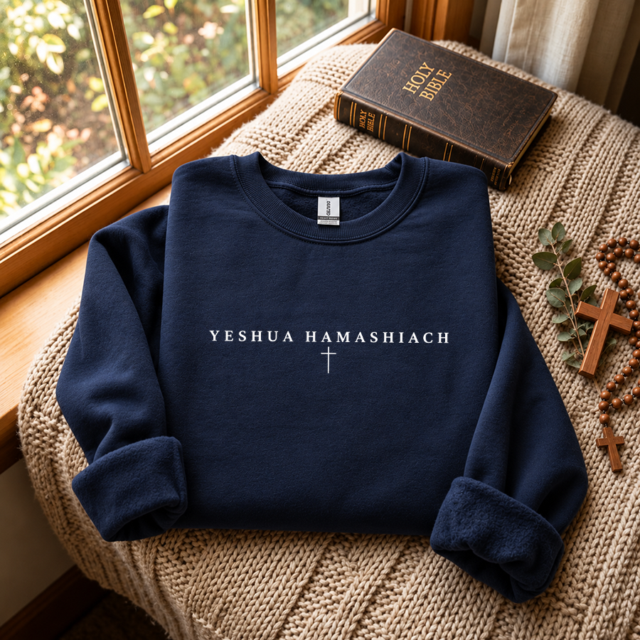 Yeshua Hamashiach Christian Sweatshirt in navy - flat lay