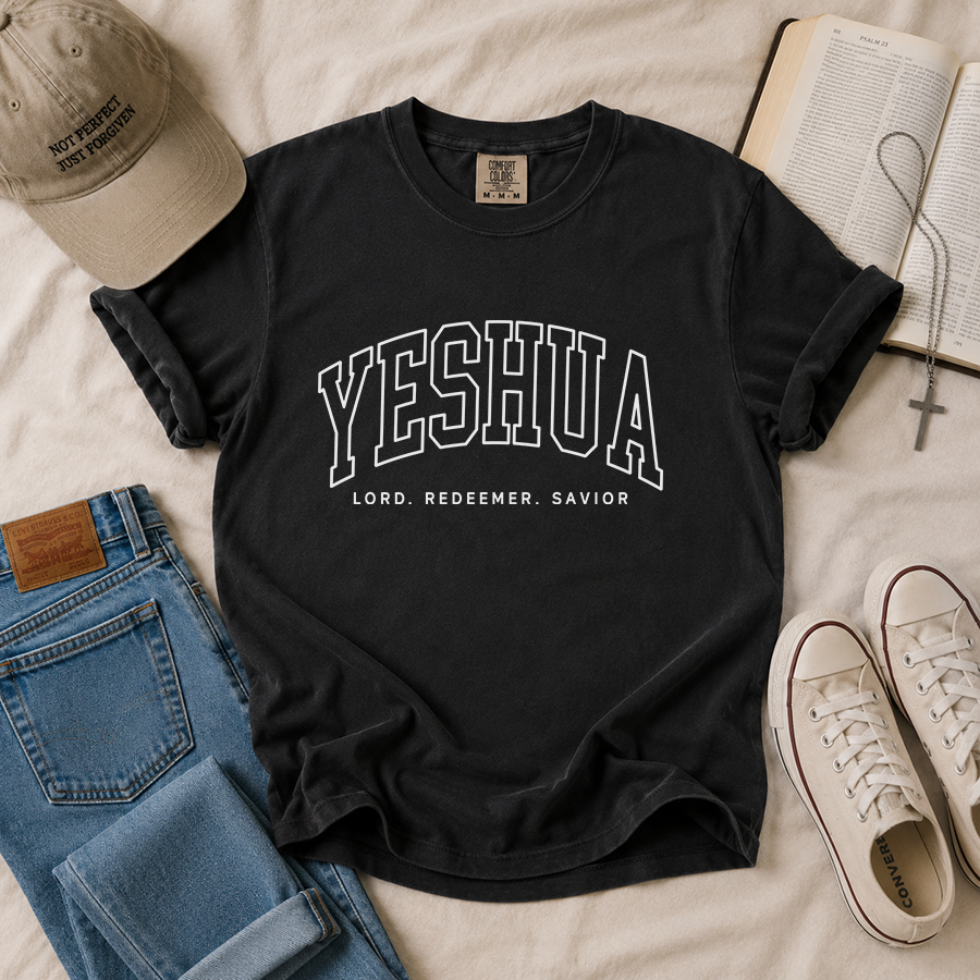 Yeshua Lord Redeemer Savior Christian T-Shirt in Black – Christian Faith Shirt Flat Lay