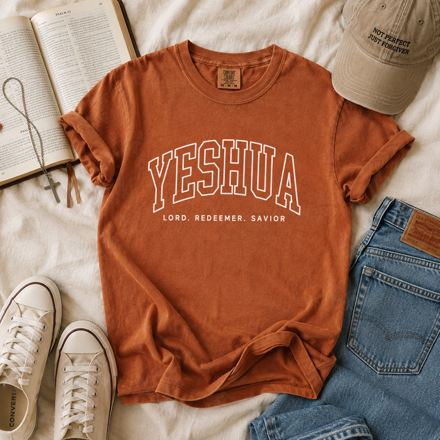 Yeshua Lord Redeemer Savior Christian T-Shirt in Yam – Christian Faith Shirt Flat Lay