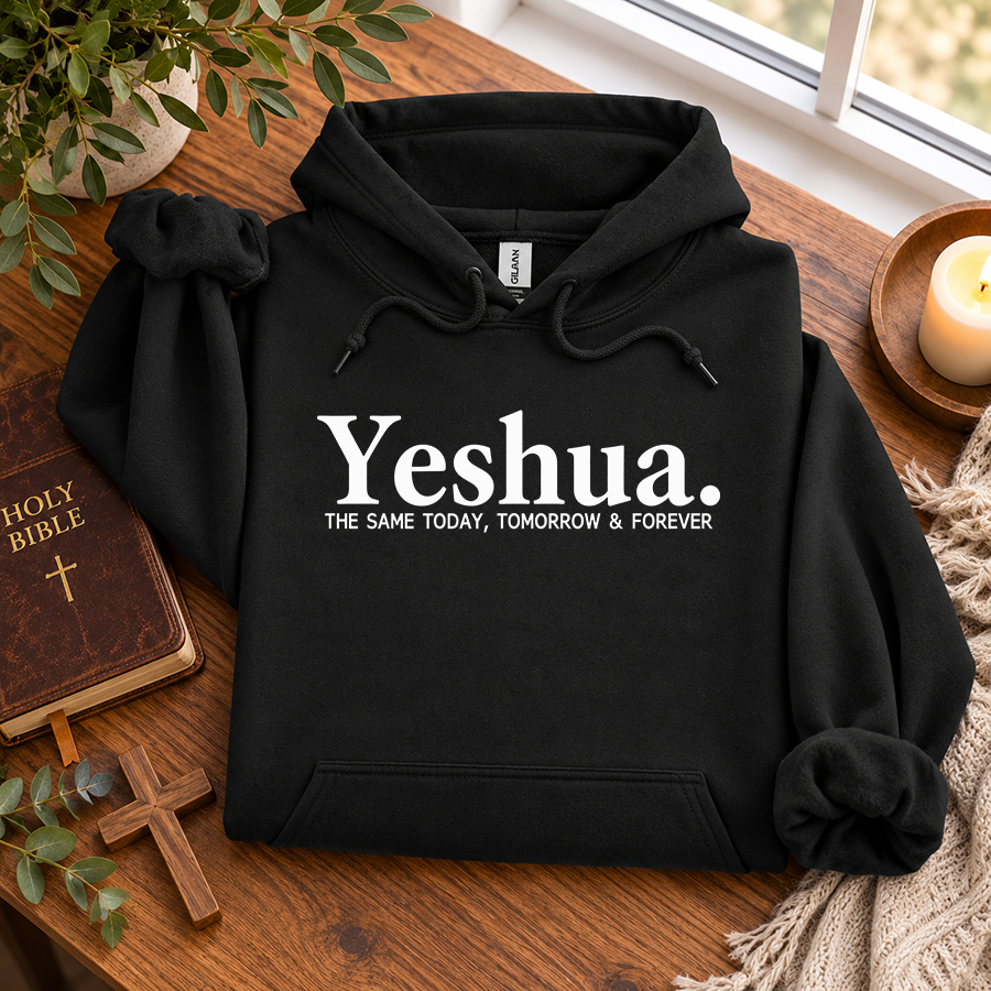 Yeshua The Same Today, Tomorrow & Forever Christian hoodie in black - flat lay