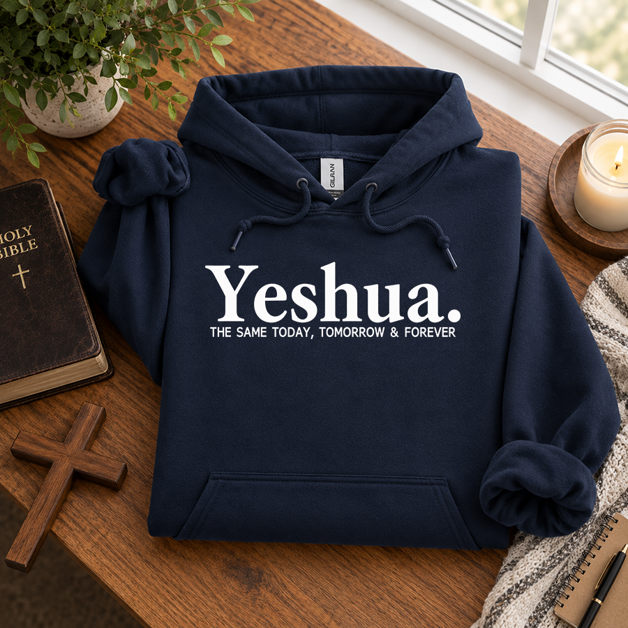 Yeshua The Same Today, Tomorrow & Forever Christian hoodie in navy - flat lay