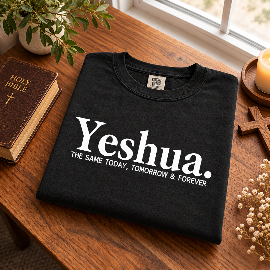 Yeshua The Same Today, Tomorrow & Forever Christian t-shirt in black - flat lay