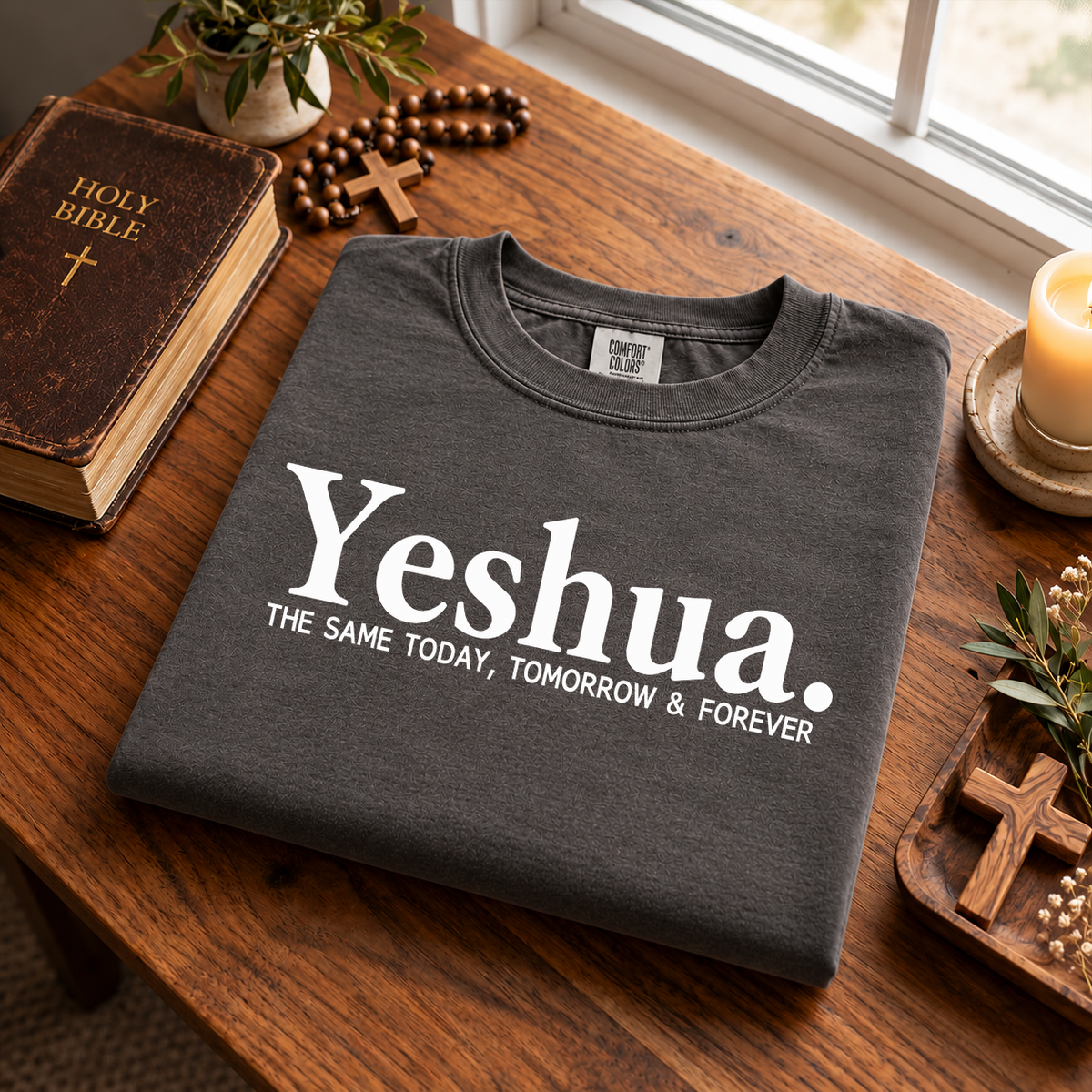 Yeshua The Same Today, Tomorrow & Forever Christian t-shirt in pepper - flat lay