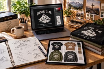 Faith-inspired design workspace featuring the Yahweh Selah Psalm 18:2 artwork on a laptop, Christian T-shirts, hoodies, and sweatshirts by Disciple Style.